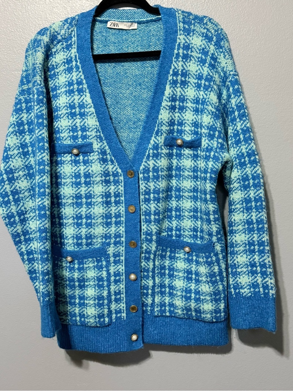 Zara Teal and Aqua Plaid V-Neck Cardigan